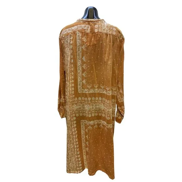 Magnolia Pearl Boho Style Mustard & Cream Floral Print Dress w/Button Front - Picture 2 of 11